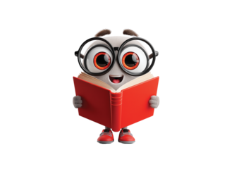 Happy bookworm sticker with glasses and a red book isolated on transparent White background png