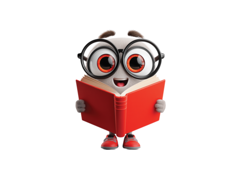 Happy bookworm sticker with glasses and a red book isolated on transparent White background png