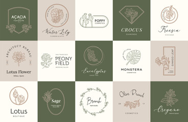 Minimal logo design collection. Logotypes for beauty, cosmetic brand, wedding agency, yoga studio, flower boutique, clothing stores brand identity.