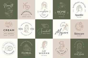 Minimal logo design collection. Logotypes for beauty, cosmetic brand, wedding agency, yoga studio, flower boutique, clothing stores brand identity.