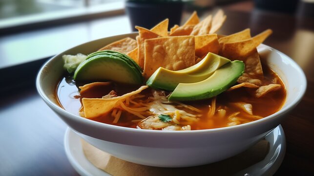 Authentic sopa de tortilla served crispy tortilla strips avocado cheese and pasilla chili
