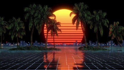 Retro sunset landscape with palm trees and grid floor. Synthwave style animation for vaporwave aesthetic. Neon sun and tropical scene in 80s digital art concept. - Powered by Adobe