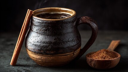 Classic caf de olla Mexican spiced coffee served clay mug with cinnamon stick piloncillo sugar on side dark moody photography with rustic vibes