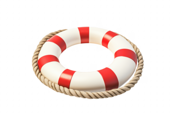 Nautical lifebuoy with red stripes and rope detailing against a solid transparent background