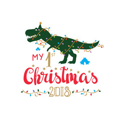 Cute T-Rex Dinosaur First Christmas 2018 Holiday Graphic Design