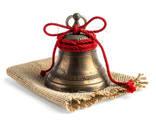 Close Up of Bronze Bell with Red Cord on Hessian Fabric Isolated on White Background