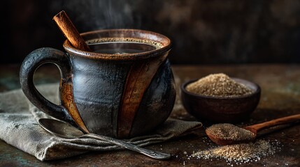 Classic caf de olla Mexican spiced coffee served clay mug with cinnamon stick piloncillo sugar on side dark moody photography with rustic vibes