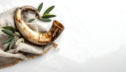 Shofar Horn with Olive Branches on Textured Cloth Against White Background