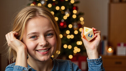 Young girl smiling while holding a dreidel near Christmas tree  