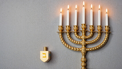 Golden menorah with lit candles and dreidel on grey wall, concept of Hanukkah  