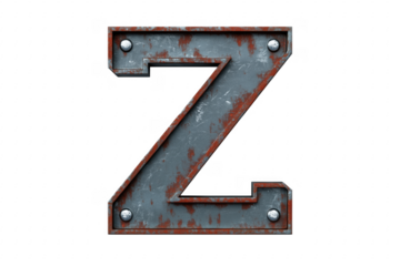 Rusty metal letter z illustration isolated on transparent background with industrial texture