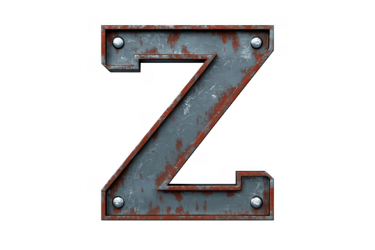 Rusty metal letter z illustration isolated on transparent background with industrial texture