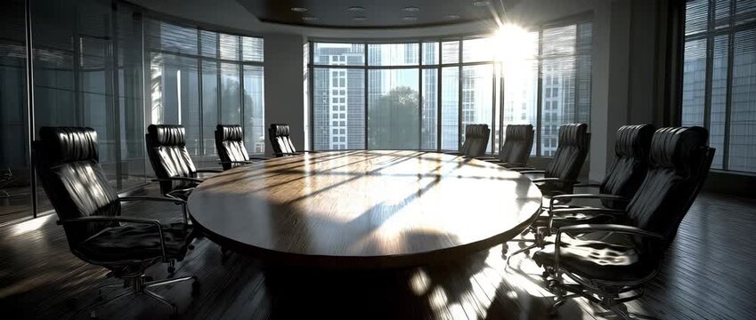 A wide round oak meeting table and chairs in a modern corporate boardroom create striking shadows in the sunlight.