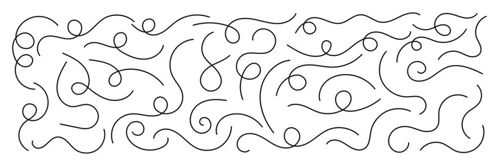 Abstract hand drawn curve. Vector swirl lines. Thin line squiggle wavy shapes. Decorative swirl and elegant divider. Looping squiggle lines pattern or texture.