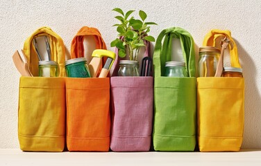 Vibrant eco-friendly tote bags filled with gardening tools and plants, highlighting creativity and sustainable living in the workspace