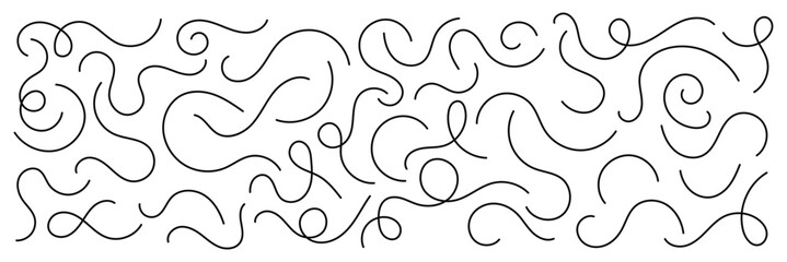 Abstract hand drawn curve. Vector swirl lines. Thin line squiggle wavy shapes. Decorative swirl and elegant divider. Looping squiggle lines pattern or texture.