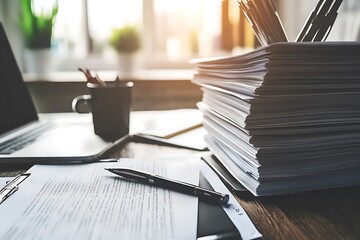 Ballpoint pen rests on documents next to a laptop and pile of papers