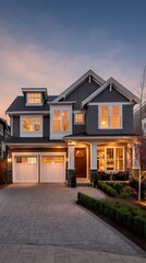 Obraz premium Beautiful Gray TwoStory House with Stone Accents at Dusk, Illuminated Windows