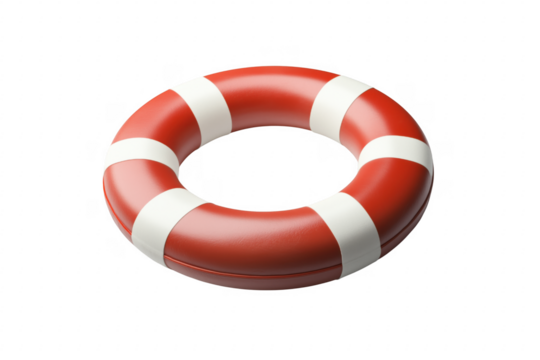 Vibrant red and white lifebuoy isolated against a dark transparent background with realistic rendering