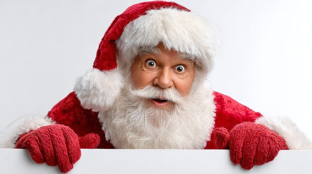 Man in a red Santa hat and red coat is looking at a white board. He has a big smile on his face and his eyes are wide open