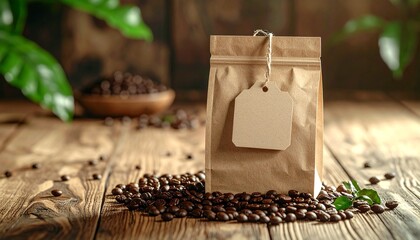 Freshly roasted whole coffee beans in a brown kraft paper bag with a blank tag for mockup branding on a rustic wooden background
