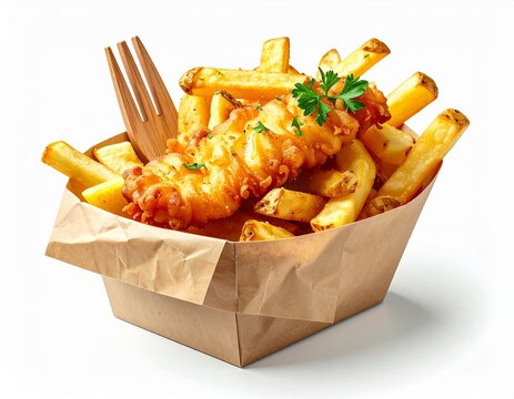 Delicious, golden, and crispy fish and chips, a popular fried takeaway meal served in a rustic paper container with a wooden fork, isolated on white - Powered by Adobe