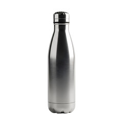 Shiny Metal Bottle Stands Centered on Transparent Background, Displaying Sleek Design and Texture, Water Bottle Themes