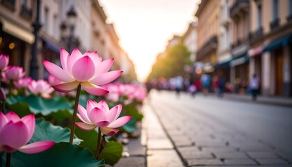 Pink lotus flowers bloom on city street