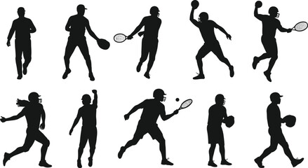 Silhouettes, athletes, sports action, tennis players, football game, basketball throw, dynamic movement, fitness, active lifestyle, competitive energy, athletic gear, team sports, racket sport,