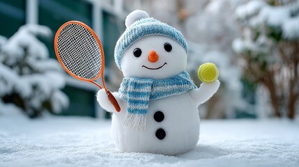 Snowman holding a tennis racket and a tennis ball. The snowman is smiling and he is enjoying the game