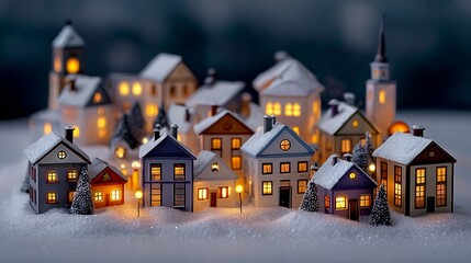 Small town with houses lit up at night. The houses are decorated with Christmas lights and the snow is piled up around them. The scene gives off a warm and cozy feeling