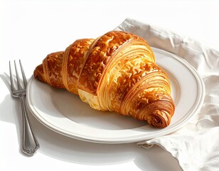 A delicious and flaky golden croissant served on a clean white plate, the perfect French pastry for a morning breakfast