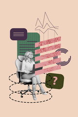 Trend vertical artwork 3d photo collage of happy old businesswoman sit chair hold laptop question mark bubble ponder project