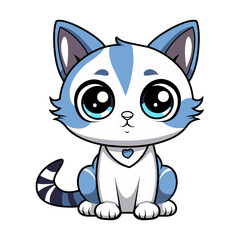 Obraz premium Adorable blue and white cartoon kitten with big eyes sits patiently, perfect for a charming logo or playful animal character.