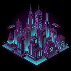 Neon Isometric Cityscape Vector – 80s Retro Futurism