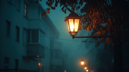 A glowing lantern under autumn leaves, lighting up a foggy street at night.