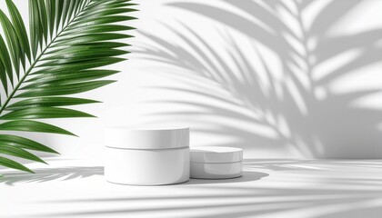 White Cosmetic Jar Mockup with Tropical Palm Leaf Shadow on a White Background