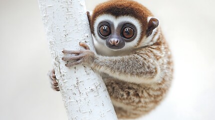 Close-up of a cute ring-tailed lemur looking with big eyes in a tree, a small wildlife mammal in the jungle