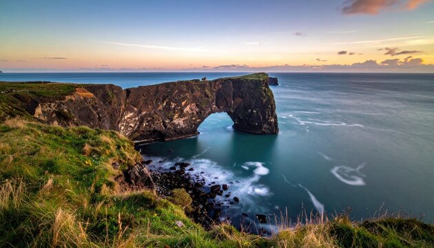 Dramatic Arch Formation at Arnarstapi Coastline Iceland Seascape at Sunset with Rocky Cliffs and Lush Green Grass in Long Exposure Cinematic HDR Photography