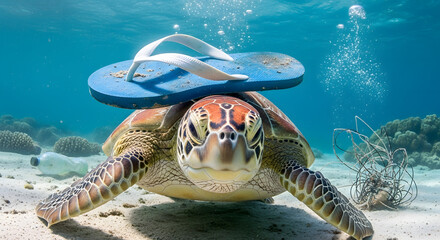 Obraz premium Sea Turtle Wearing Flip-Flop Ocean Pollution Awareness