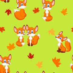 seamless continuous pattern of cartoon funny fox cubs with autumn maple leaves on a blue background.ai