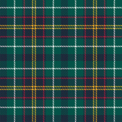 Classic tartan plaid seamless pattern in green, red, and yellow. Checkered fabric texture background. Traditional Scottish vector design for textile, wallpaper, or Christmas holiday decor.