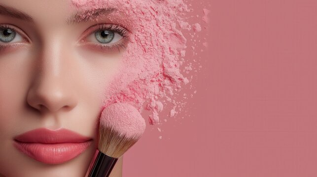 Close-up of woman’s face with pink powder and makeup brush on cheek.