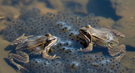 Two frogs guarding a cluster of frog eggs