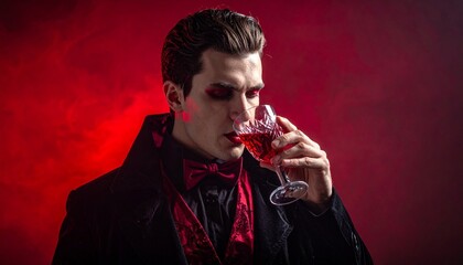 A vampire drinking from a crystal goblet glowing red liquid shining against a stormy scarlet background
