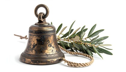 Vintage Bronze Metal Bell with Olive Branch on White Background Still Life