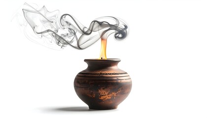 Earthenware Pot with Rising Flame and Smoke on White Backdrop
