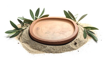 Rustic Clay Plate on Sand with Olive Branches Against White Background