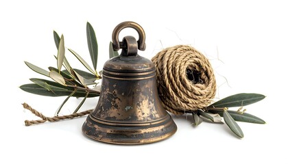 Antique Golden Bell with Olive Branches and Roll of Twine on White Backdrop