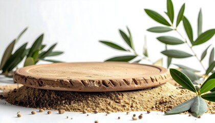 Minimalist Display Featuring Brown Ceramic Stand on Sand with Green Olive Branch in White Background Studio Shot